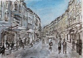 Iz cikla Mesto, Mestni trg II, 2016, akril / papir, 20,9 x 29,6 cm