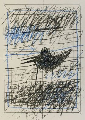 Ptič v pokrajini (z modrino na nebu)